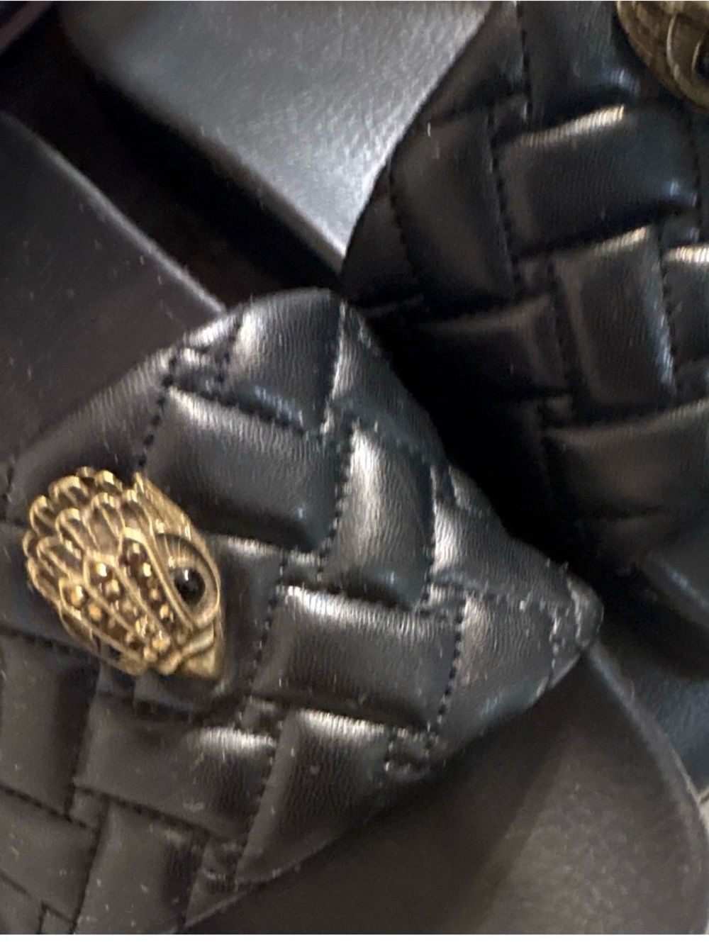 Kurt Geiger Black Quilted Leather Sandals with Gold Accent